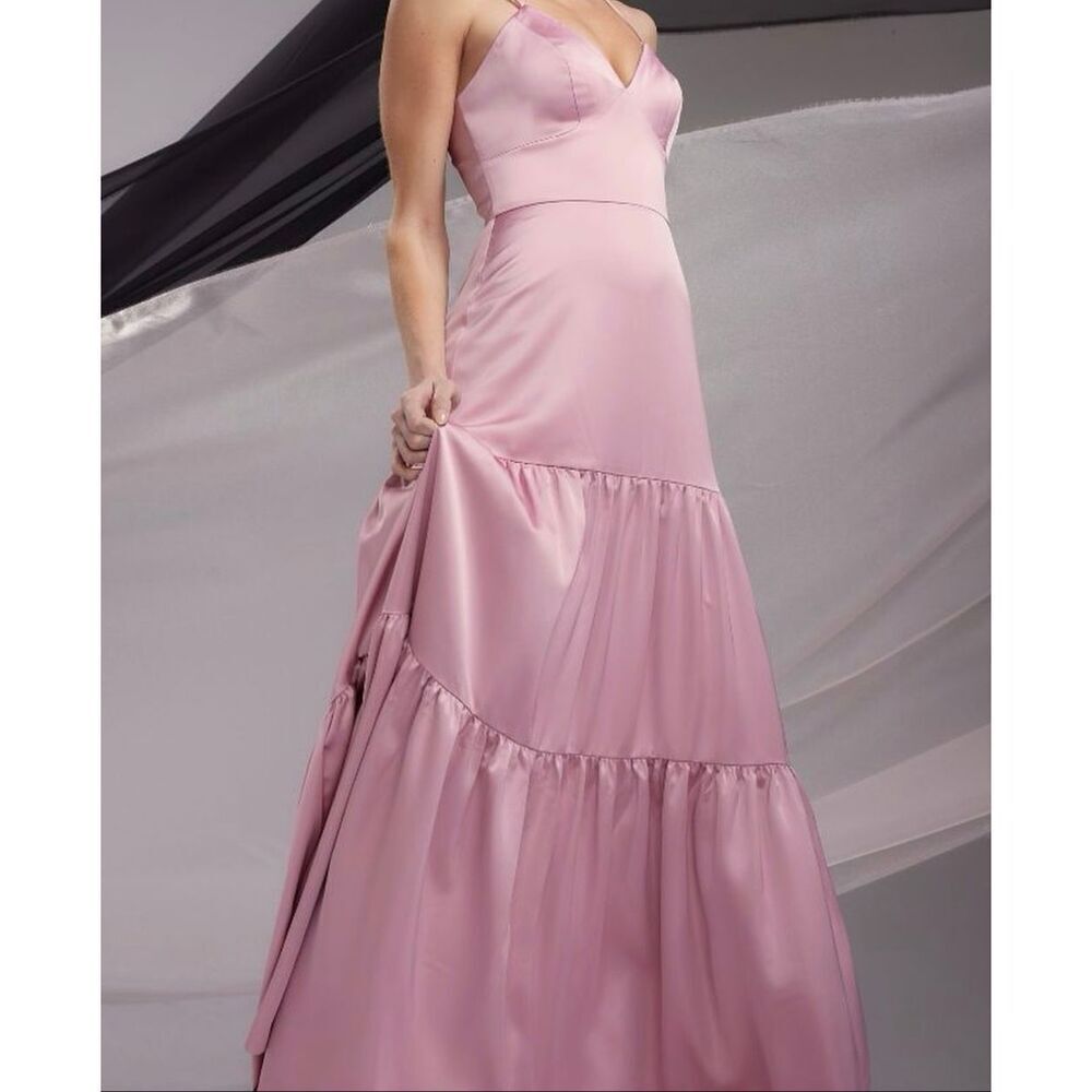 Dress the Population Size L Tess Tiered Satin Maxi Dress Rose Pink Summer Formal